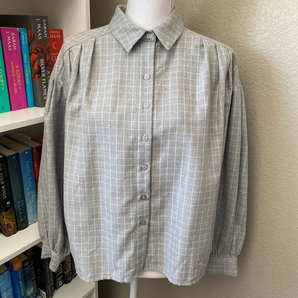 Böhme Light Gray Grid Button‑Front Cotton Puff Sleeve Top Size S